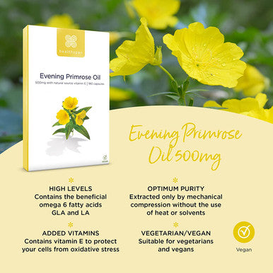 Healthspan Evening Primrose Oil 500mg (180 Capsules) | Omega 6 Fatty Acids | Women's Health | Added Vitamin E | Gamma Linolenic Acid & Linoleic Acid | Protects Cells from Oxidative Stress | Vegan