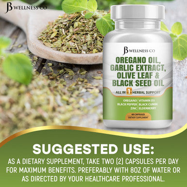 Jb Wellness Oregano Oil 6000Mg Garlic Extract 4000Mg Olive Leaf 3000Mg With Astragalus - Immune Support & Digestive Health Supplement For Women And Men - 60 Count