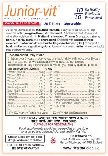 HealthAid Junior-Vit Chewable Multivitamins Pack of 2 x 30 Vegetarian Tablets (60 Tablets)