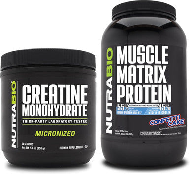 Nutrabio Creatine Monohydrate Unflavored (150 g) and Muscle Matrix Protein Powder (Confetti Cake) Supplement Bundle Muscle Energy Maximum Growth Recovery and Strength
