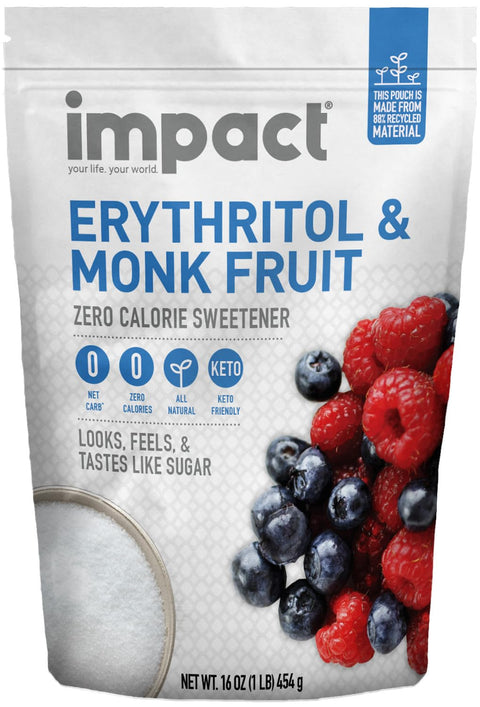 Impact White Monk Fruit & Erythritol Sweetener Blend - Gluten Free, Zero Calories, Net Carbs, Keto, Vegan, Non-GMO - 1 is to 1 Sugar Substitute - 1lb (Pack of 2)