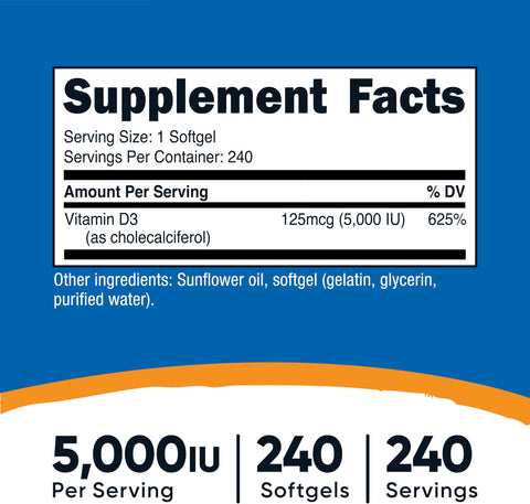 Nutricost Vitamin D3 5000 IU (125mcg) 240 Softgels GMOFree Gluten Free Vitamin D