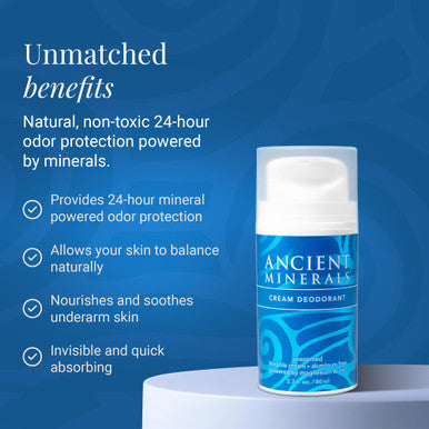 Ancient Minerals Natural Deodorant Cream Unscented Aluminum-Free with Magnesium Zinc & Vitamin E for Women and Men Vegan Formula for Sensitive Skin 24-Hour Odor Protection 2 oz