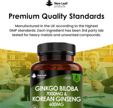 Ginkgo Biloba And Korean Ginseng Tablets 7000Mg Ginkgo Biloba Herbal Supplements & 600Mg Panax Ginseng High Strength Ginseng Extract Enriched With Vitamin B3 and B5 360 Vegan Tablets