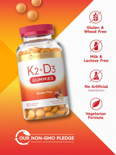 Carlyle Vitamin D3 K2 Gummies | 90 Count | 5000 IU of D3 + 100 mcg MK7 | Vegetarian Non-GMO and Gluten Vitamin Supplement