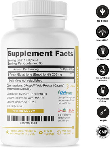 SAcetyl Glutathione Gold 60 DRcaps AcidResistant 200mg Per Capsule Patented Acetylated Form of Glutathione Emothion 2 Month Supply Zero Fillers / Flow Agents Pharmaceutical Grade