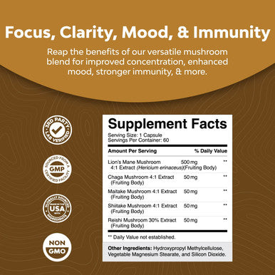 Nootropic Lions Mane Mushroom Capsules - LionÃƒâ€šÃ¢â‚¬â„¢s Mane Mushroom Complex Immune System Booster and Brain Supplement - Mushroom Extract Focus Pills Brain Booster and Mood Support with Reishi Mushroom