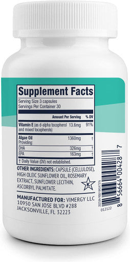 Vimergy Vegan EPA/DHA, 30 Servings Algal Omega 3 Fatty Acids Plant Based Fish Oil Alternative with Vitamin E Supports Heart, Brain & Eye Health - Non-GMO, Gluten-Free, Soy-Free, Paleo (90 Count)