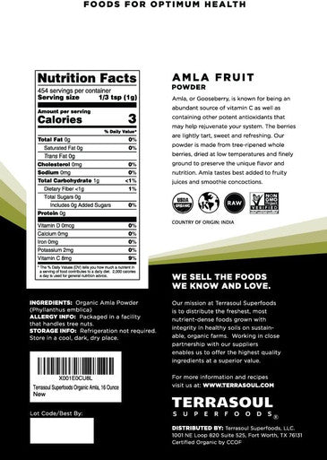 Terrasoul Superfoods Organic Amla Berry Powder Amalaki 16 Oz Rich in Antioxidant Vitamin C Supports Immunity