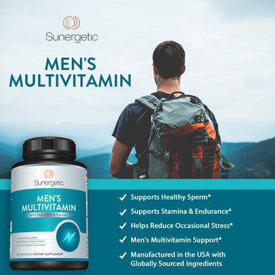 Sunergetic Premium Men S Support Supplement Powerful Multivitamin Supports Energy, Stamina, Endurance & Stress Management With Zinc, Ashwagandha, Maca, L-Carnitine & Vitamins 120 Capsules
