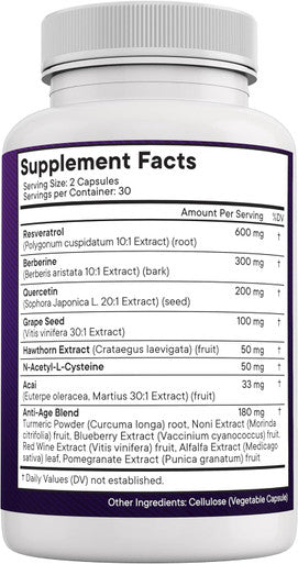 Age Resveratrol, Berberine, Grape Seed Extract, Quercetin, Polyphenol Supplement For Women And Men With Noni Extract, N-Acetyl Cysteine, Acai Extract - 120 Capsules