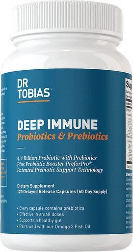 Dr. Tobias Deep Immune Probiotics Prebiotics for Women Men 4.4 Billion CFUs Helps Support Digestive Gut Health Immune Strength Absorb Nutrition 2 Daily 120 Capsules 60 Day Supply