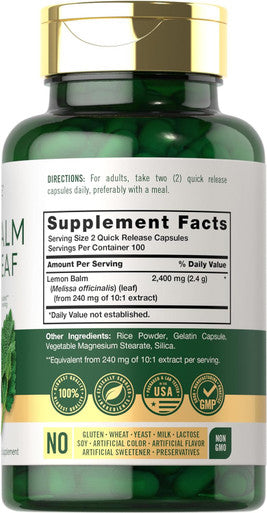 Carlyle Lemon Balm Capsules | 200 Count | Non-GMO and Gluten Formula | Melissa Leaf Traditional Herbal Supplement | Super Concentrated Extract