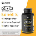 Sports Research Vegan Vitamin D3 K2 Supplement with Organic Coconut Oil 5000iu Vitamin D with 100mcg Mk7 Vitamin K Supports Calcium for Stronger Bones Immune Health 60 Softgels for Adults