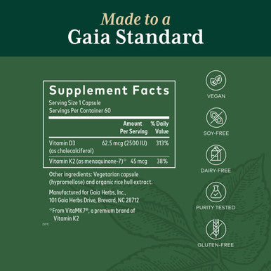 Gaia PRO Vitamin D3+K2 - Bone Health & Immune Support - Made with Vitamin D3 & Vitamin K2 - 60 Capsules (60 Servings)