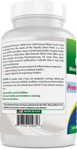 Best Naturals Black Seed (Black Cumin Seed Extract 10:1) 7500 mg Equivalent- 120 Capsules