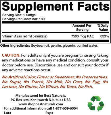 Best Naturals Vitamin A 25000 IU (7500 mcg) Non-GMO Formula Supports Healthy Vision & Immune System and Healthy Growth & Reproduction 180 Softgels (180 Count (Pack of 2))
