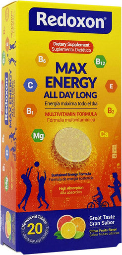 Redoxon Max Energy, Sustained Energy Formula, Helps Support Your Immune System, Max Energy All Day Long, Citrus Fruits Flavor, 20 Effervescent Tablets, 2.82 Oz, Box