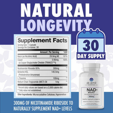 Dr. Emil Nutrition Nad+ Boost - Nicotinamide Riboside Supplement For Longevity, Healthy Aging & Cellular Regeneration - Nad Supplement With With Berberine, L-Theanine & Niacin - 30-Day Supply