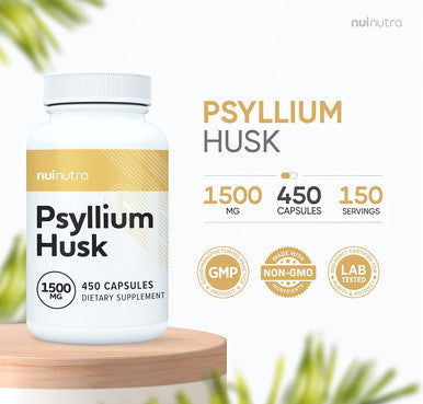 Nui Nutra Psyllium Husk Supplement | 1500mg | 450 Capsules | Soluble Fiber Capsules | Digestive Support Pills | Heart & Intestine Health | Non-GMO and Gluten Free | for Men & Women