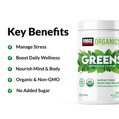 Force Factor Organics Greens Superfood Powder for Relief and Daily Wellness, Greens Powder with KSM-66 Ashwagan, Moringa, Spirulina Powder, Vegan and Non-GMO, Fresh Apple, 30 Servings