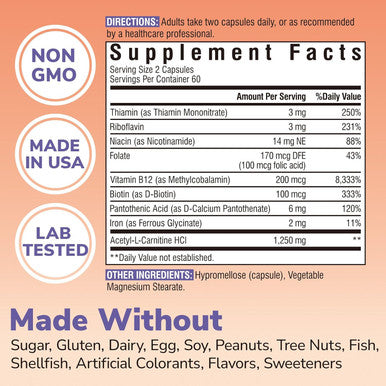 Vitalibre Acetyl-L-Carnitine Hcl 1250Mg, With B1, B2, Niacin, Biotin, Folic Acid, Methyl B12, B5 & Iron, B Vitamins, High Potency, Energy, Brain Support, 120 Vegan Caps