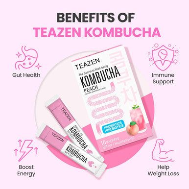 Teazen Kombucha Peach Flavor Variety Pack with Classic Eco Bottle (Kombucha Powder 40 Sticks Eco Bottle 1EA x 11.8oz)