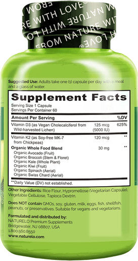 NATURELO Vegan K2+D3 - Plant Based D3 from Lichen - Natural D3 Supplement for Immune System, Bone Support, Joint Health - Whole Food - Vegan - Non-GMO - Gluten Free (60 Count (Pack of 1))