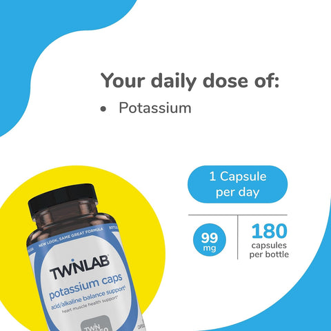 Twinlab Potassium Caps - Electrolyte Supplement For Muscle Heart & Tissue Health - 180 Capsules 99 Mg