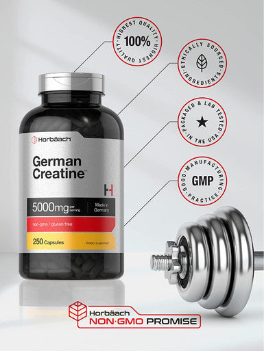 German Creatine Monohydrate 5000mg | 250 Capsules | Non-GMO, Gluten Free Supplement | by Horbaach