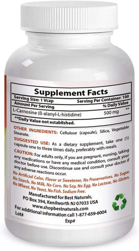 Best Naturals L-Carnosine 500 mg 100 Vcaps (100 Count (Pack of 1))
