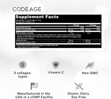 Codeage Multi Collagen Peptides Powder + Probiotics Black Edition Vitamin C Hyaluronic Acid Powder Supplement Grass-Fed Hydrolyzed Zero Carbs Type I II III V & X Unflavored 10.58oz