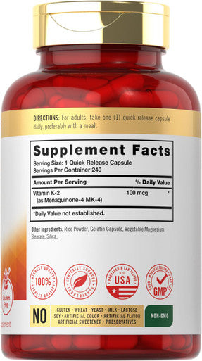 Carlyle Vitamin K2 Supplement 100 Mcg | K2 Mk-4 | 240 Capsules | Non-Gmo & Gluten Free