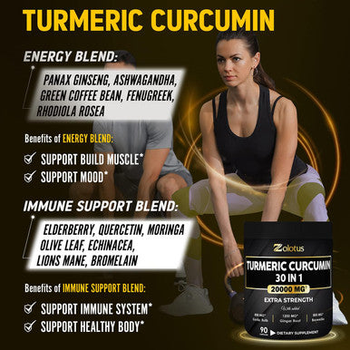 30 in 1 Turmeric Curcumin + Ginger Capsules, 95% Curcuminoids, Equivalent to 20000mg, with Ginger, Ginseng, Garlic Bulb, Bromelain, Moringa, Black Pepper, Joint Inflammatory & Absorption Support