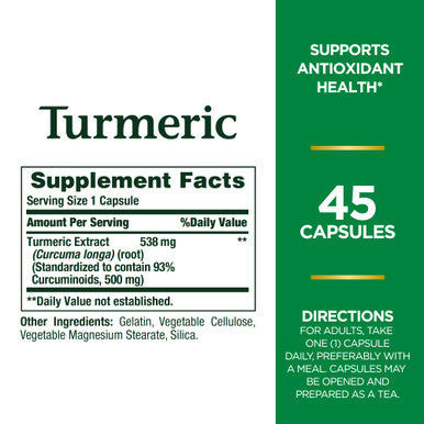 Natures Bounty Turmeric Pills And Herbal Supplement 538Mg 45 Capsules