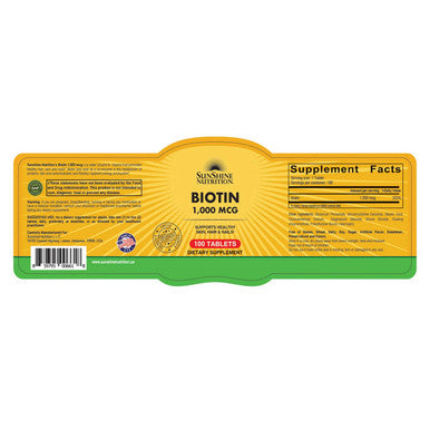 Sunshine Nutrition Biotin 1000 mcg 100 Tablets