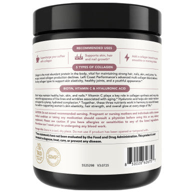 Left Coast Performance Multi Collagen Peptides Powder Types I II III V X Multi Collagen Protein Powder with Hyaluronic Acid Biotin Vitamin C For Skin Hair Nails Joints and Gut Health - Keto Non-GMO Supplement