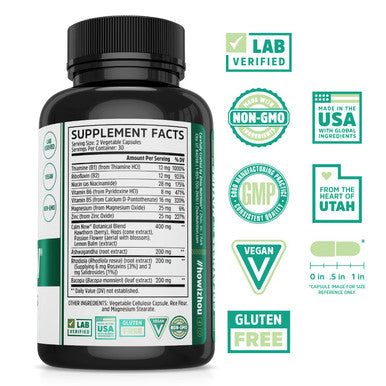 Zhou Calm Now Soothing Support with B Vitamins, Ashwagandha, Magnesium & Zinc, Relax, Focus & Positive Mind, Supports Serotonin Increase, Non-GMO, Vegan, Gluten-Free, 30 Servings - 60 VegCaps