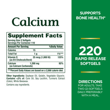 Nature's Bounty Calcium 1200 Mg With Vitamin D3 Bone Health & Immune Support 1000 Iu 220 Softgels
