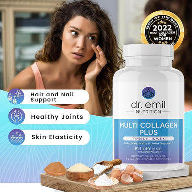 Dr. Emil Nutrition Multi Collagen Pills - Collagen Supplements To Support Hair, Skin, Nails, & Joints - Hydrolyzed Collagen Supplements For Women With Types I, Ii, Iii, V & X - 90 Capsules