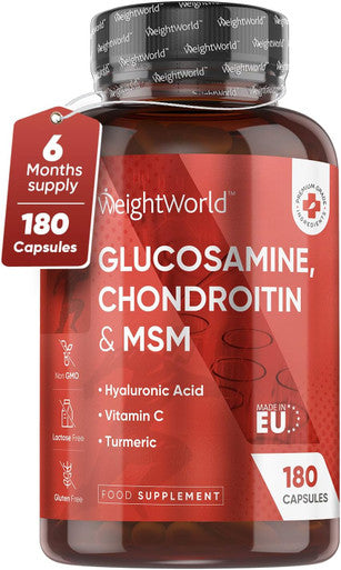 Weightworld Glucosamine and Chondroitin High Strength - 180 Capsules with Hyaluronic Acid MSM Vitamin C & Turmeric - Joint & Skin Supplements for Men & Women - 6-Month Supply - Glucosamine & Chondroitin Complex