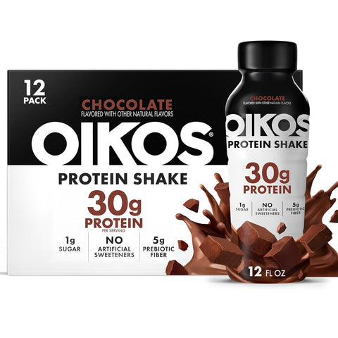 Oikos Protein Shake, Salted Caramel, 30g High Protein Drinks, Shelf Stable, Ready to Drink, 5g Prebiotic Fiber, 12 fl oz Bottle, 12 Count