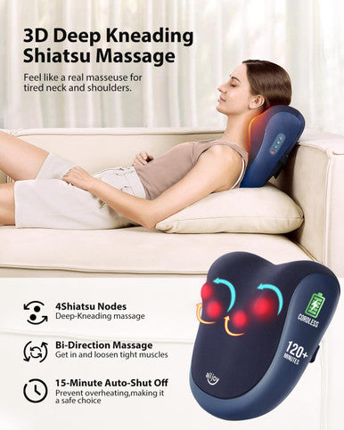 Alljoy Cordless Back Massager With Heat, Shiatsu Neck And Back Massager For Pain Relief Deep Tissue, 3D Kneading Massage Pillow For Neck, Back, And Shoulders, Gifts For Men Women