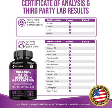 Nac Supplement N-Acetyl Cysteine 1000Mg Vitamin D3 K2 Zinc Quercetin 1000Mg Sarracenia Purpurea 1000Mg With Elderberry Holy Basil Bee Propolis Bromelain L-Lysine For Men And Women,60 Count Usa