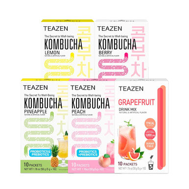Teazen 5 Flavors 50 Sticks Variety Pack Kombucha Lemon Peach Berry Pineapple Flavor (40 Sticks) & Grapefruit Powdered Drink Mix (10 Sticks)