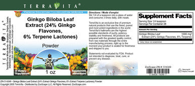 Terravita Ginkgo Biloba Leaf Extract (24% Ginkgo Flavones, 6% Terpene Lactones) Powder (1 Oz, Zin: 514349)