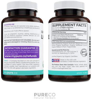 PURE CO Organic Lions Mane Supplement Capsules USDA Organic Mushroom Supplement Capsules with 1000mg Lion's Mane 10:1 Extract per Serving with 30% Polysaccharides Vegan and Non GMO 1 Month Supply