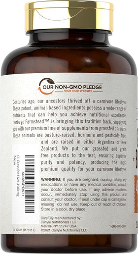 Carlyle Grass Fed Beef Liver Capsules 4500mg | 250 Count | Desiccated Supplement | Non-GMO Gluten | by Herbage Farmstead