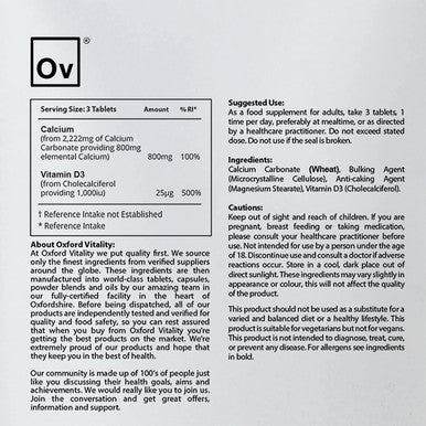 Calcium & Vitamin D Tablets | 1000iu Vitamin D3 Supplement for Bone Health and Metabolism | Oxford Vitality