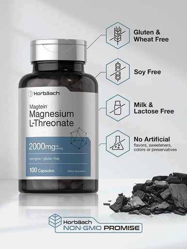 Magtein Magnesium L-Threonate | 2000mg Supplement | 100 Capsules | Non-GMO and Gluten Free | by Horbaach